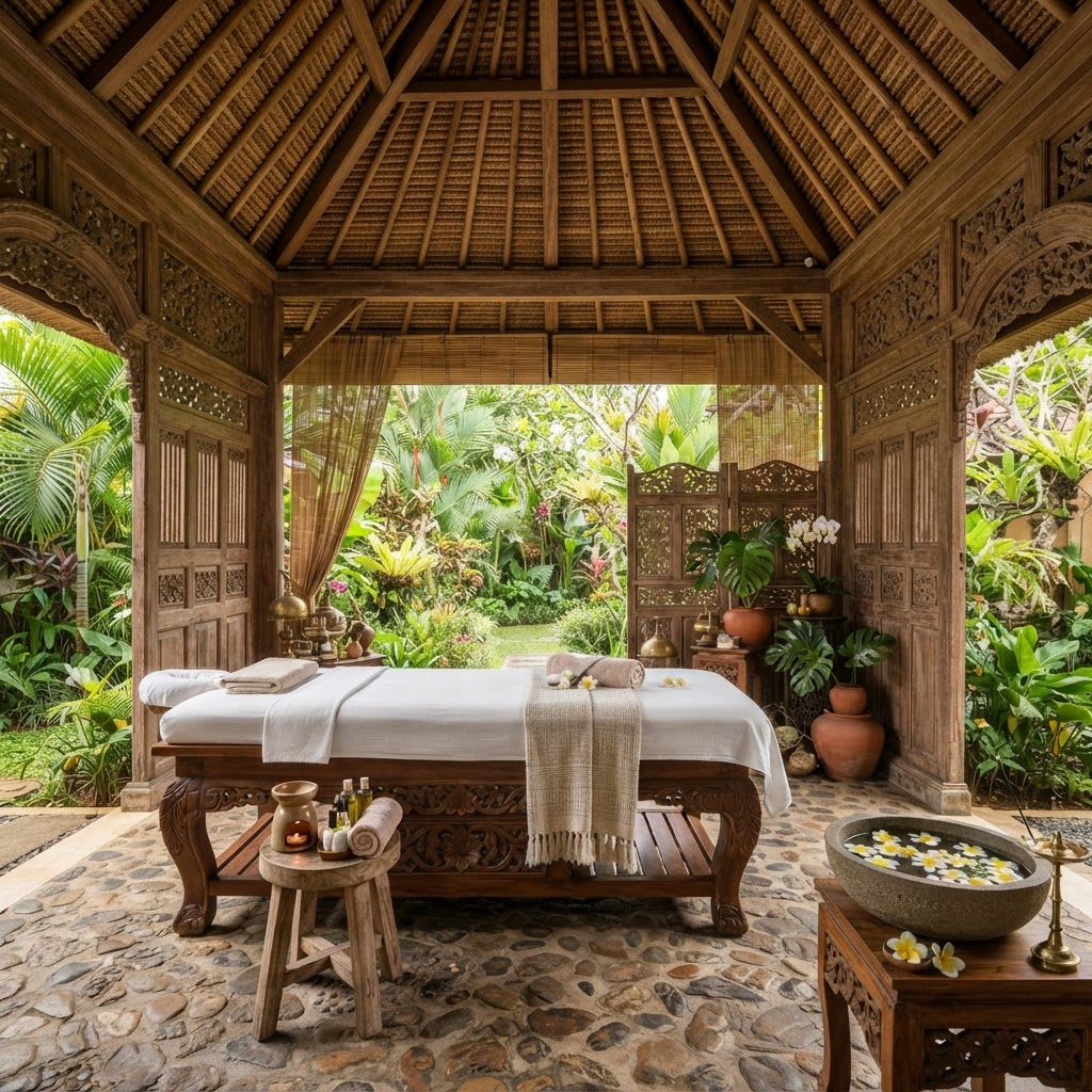 Interior of a traditional Balinese spa pavilion with carved teak wood and tropical plants