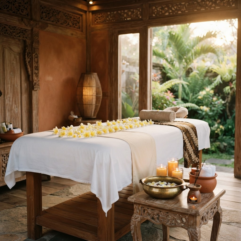 Traditional Balinese spa massage bed draped with frangipani flowers and candles